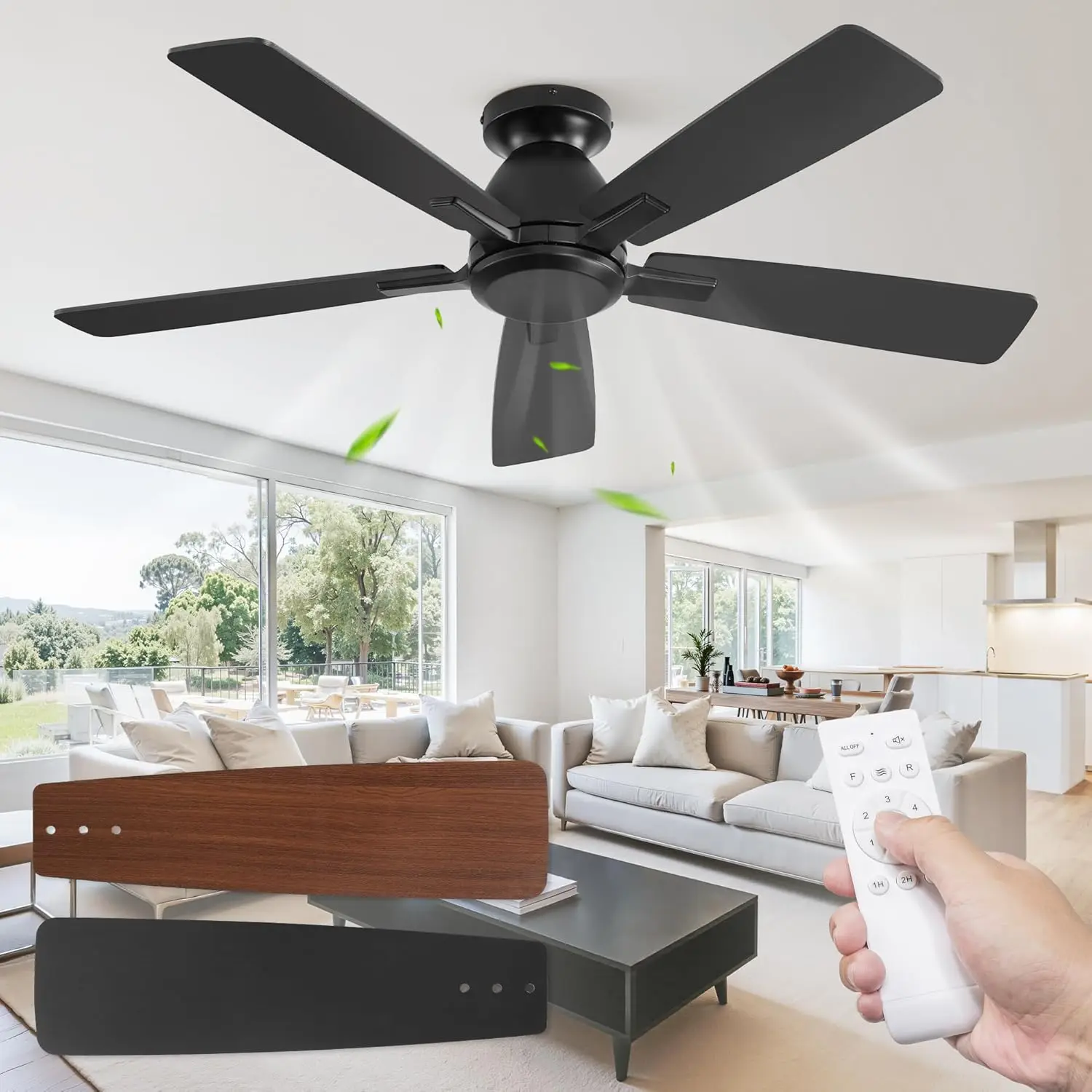 

46" Low Profile Ceiling Fan No Light with Remote, 6-Speed DC Motor, Black, Indoor/Outdoor Use