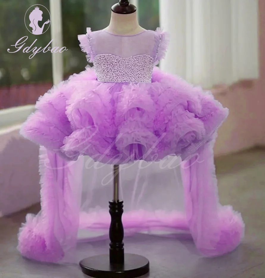 Vestido de Flor de Pérolas Azuis, Tule, Inchado, Sem mangas, Bebê, Crianças, Aniversário, Elegante, Primeira Comunhão, Vestidos de princesa