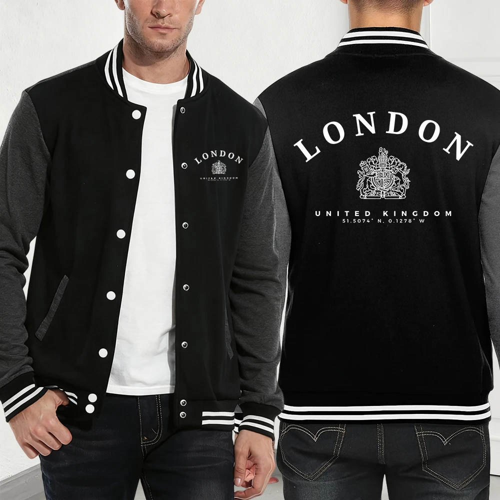 

London Uk Royal Badge Printed Baseball Coat Mens Winter Fleece Warm Jackets Casual Street Pocket Tops Fashion Loose Male Clothes