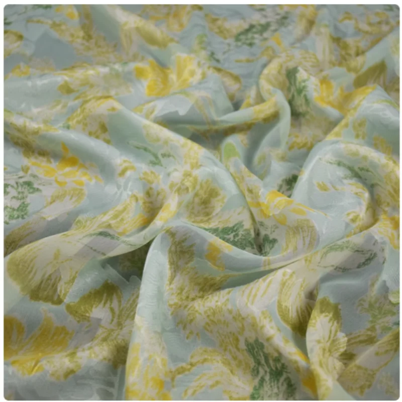 Elegant Fresh Yellow Green Flower Print Chiffon Fabric, Dress, Shirt, Han Cloth Sewing Handmade Tissue, Soft Transparent, T2230