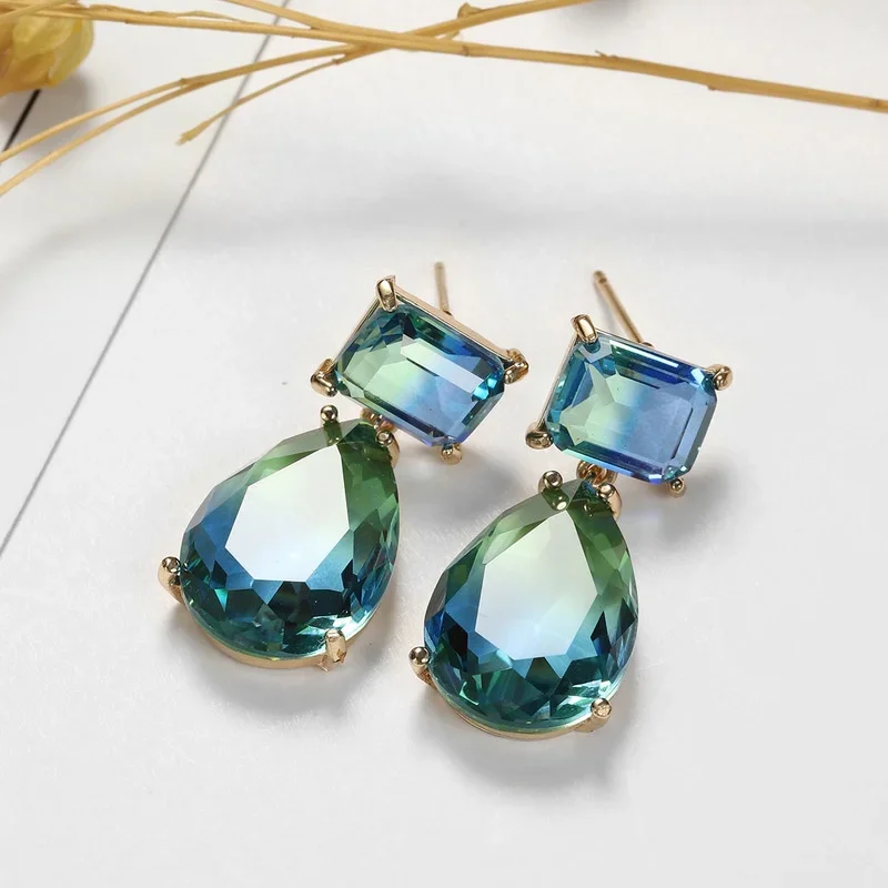 Luxury Square Blue Green Zircon Earrings for Women Trendy Jewelry Exquisite Gold Color Geometry Drop Dangle Earring