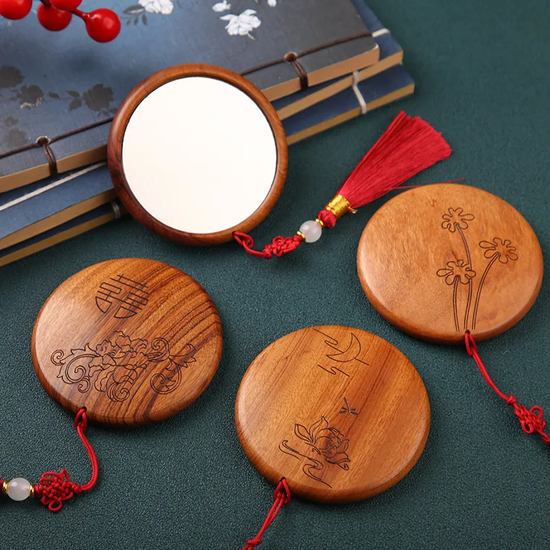 Mini Pocket Mirror Natural Wood Graven Flower Makeup Mirror Women Gift Portable Retro Elegant Style Compact Mirror with Tassels