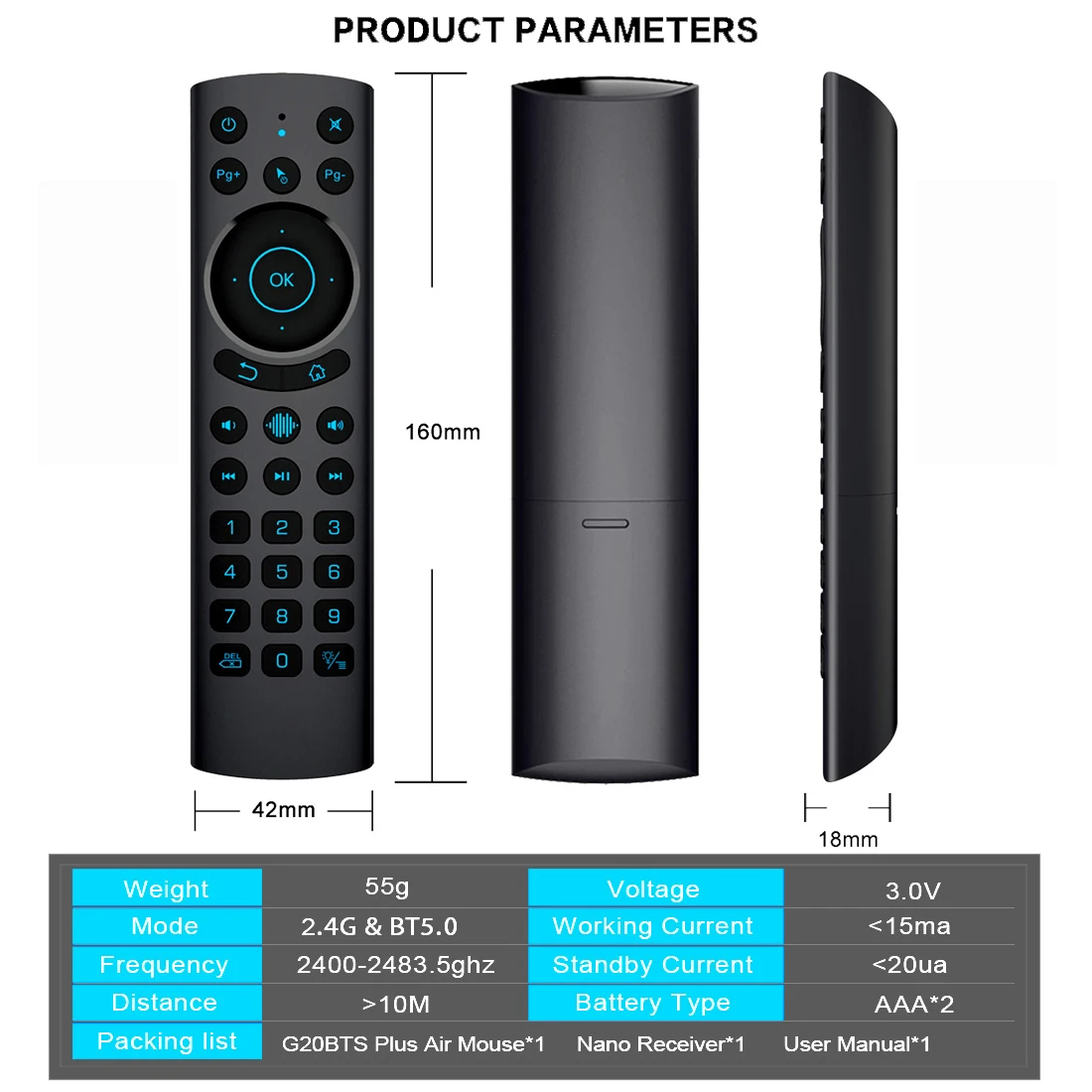 G20S Pro BT Air Remote Mouse 2.4G USB + Bluetooth 5.0 Gyroscope Voice Control Backlit Number Keys For Android TV Box