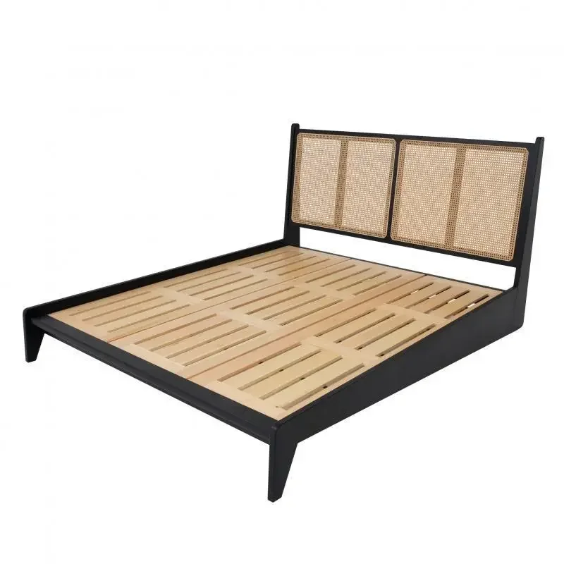 Modern minimalist classic black design bedroom rattan ash wood frame 1.8m double bed 1.5m single bed