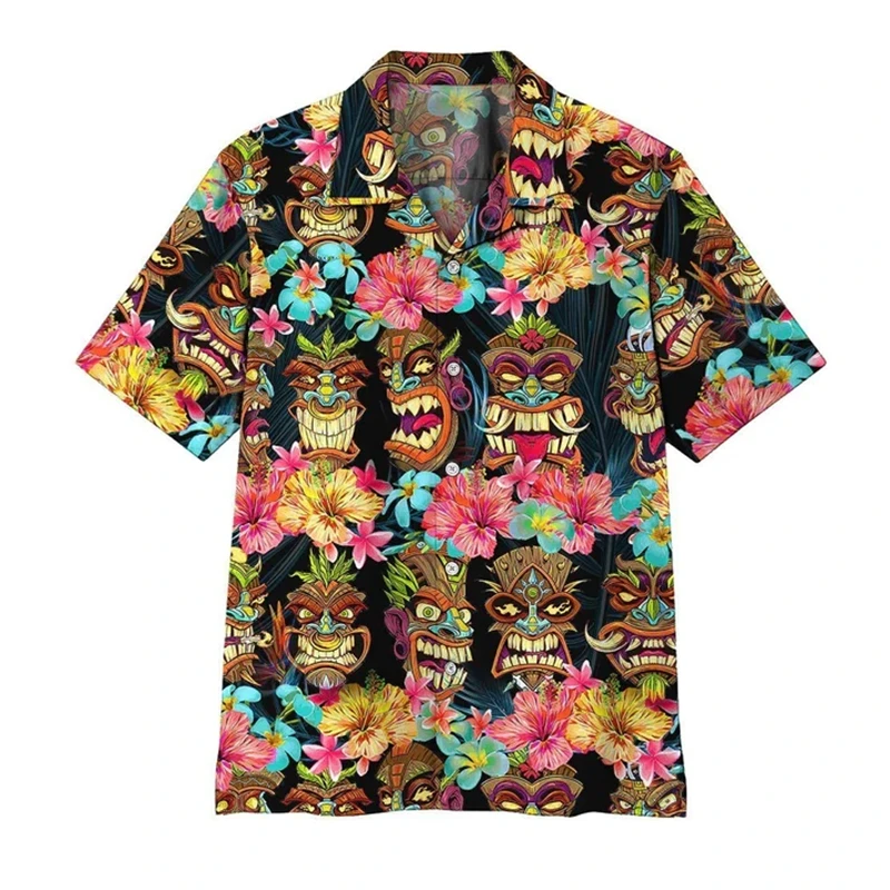 Tiki Moai 3D Printed Hawaiian Shirts For Men Clothes Vintage Civilization Horror Skull Graphic Blouses Casual Y2k Beach Shirts