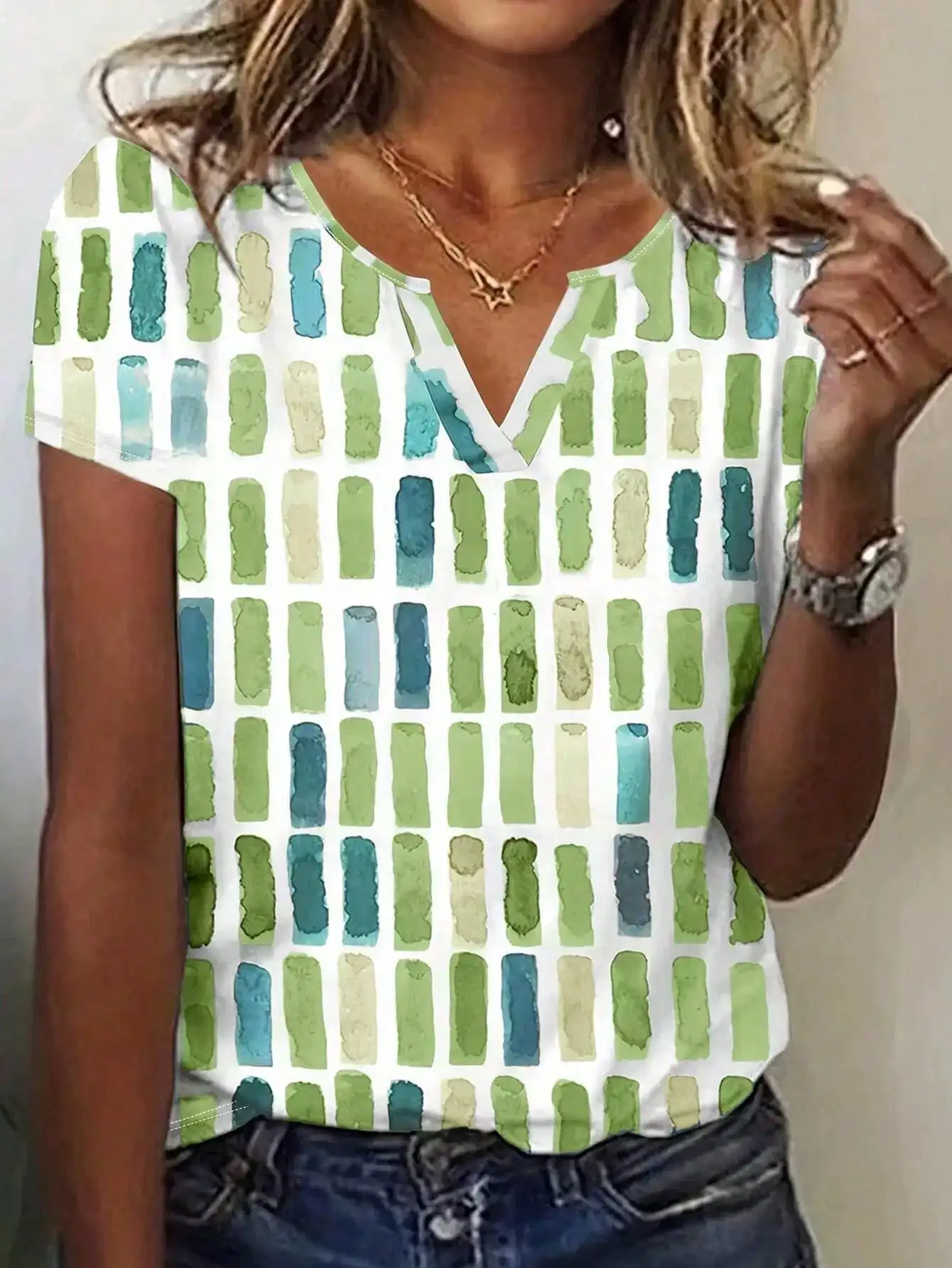 

Плюс размер 1XL-5XL, женская модная весенне-летняя футболка с цветным принтом и вырезом, женская повседневная футболка с v-образным вырезом