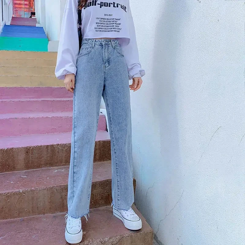 Jeans Womens Spring Autumn 2022 New High-waisted Vertical Straight Wide-leg Pants Women Fashion Loose Casual Raw Edge Trousers