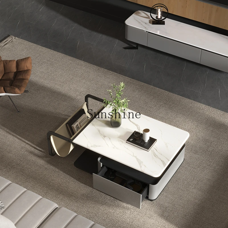 

Italian minimalist saddle leather bookshelf storage cabinet modern minimalist microcrystalline stone coffee table