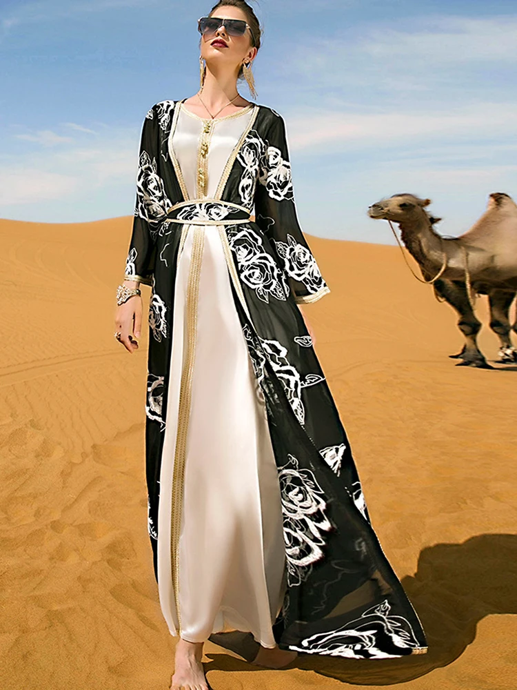 Arabic Long Sleeved Round Neck Dress Floral Embroidered Cardigan Two Piece Set Elegant Fashion Dubai Turkey Muslim Islam Robe