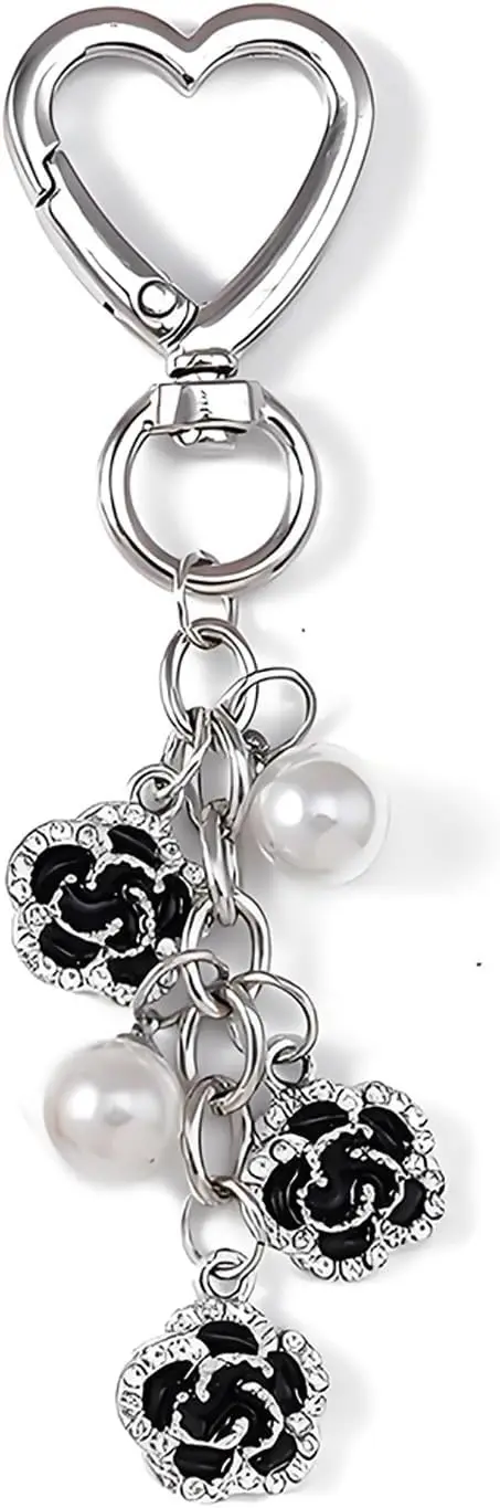 

Heart Pearl Flower Keychain Crystal Rhinestone Bag Charm Gold Purse Pendant Cute Gift for Women