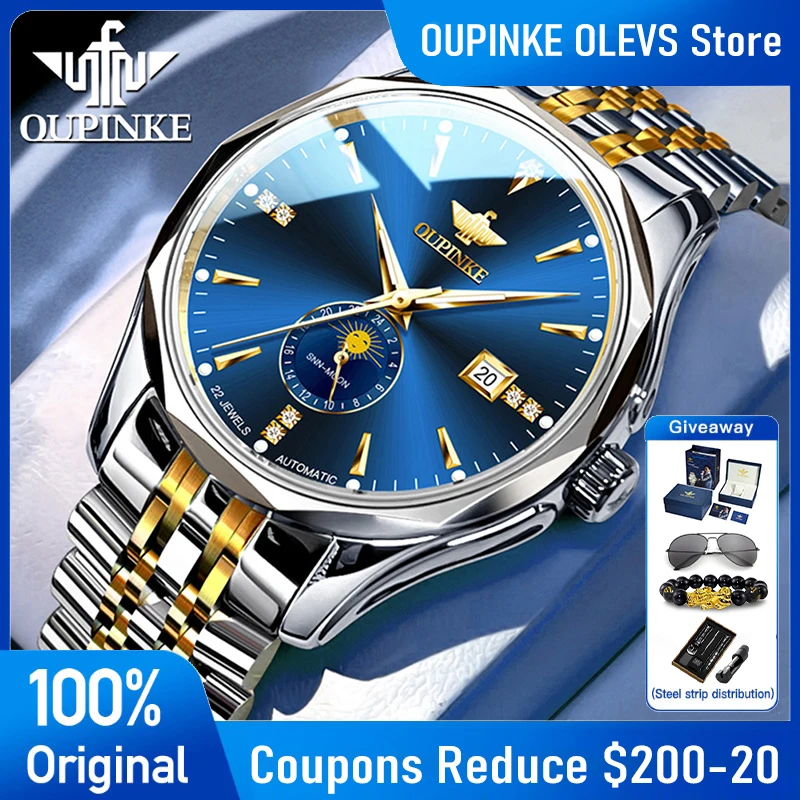 

OUPINKE 3275 Новые мужские часы Роскошные деловые механические часы 50 м Водонепроницаемые часы Луна Фаза Дата Часы Изысканная подарочная коробка Reloj