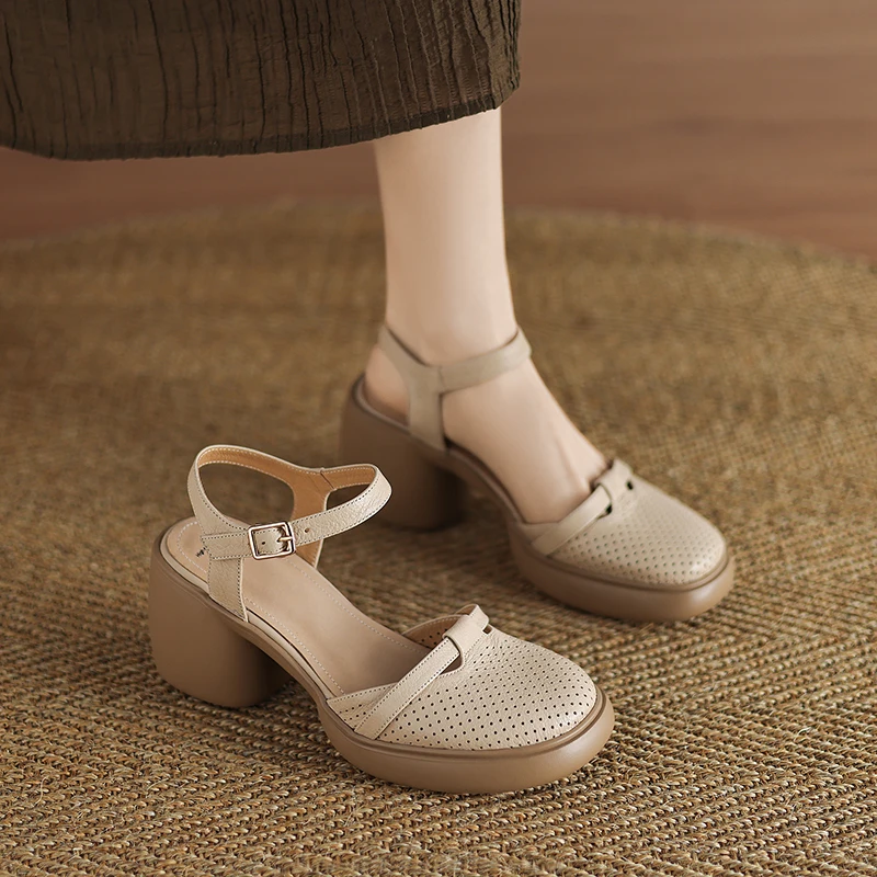 2026 new summer women sandals natural leather plus size 22-25cmsheepskin+cowhide+pigskin hollow buckle high heel women shoes