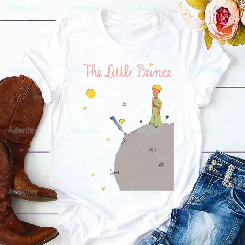 Cartoon Earth Space Little Prince T Shirt Women 90s Graphic T-shirt Harajuku Tops Tee Cute Short Sleeve Tshirt Female Tshirts