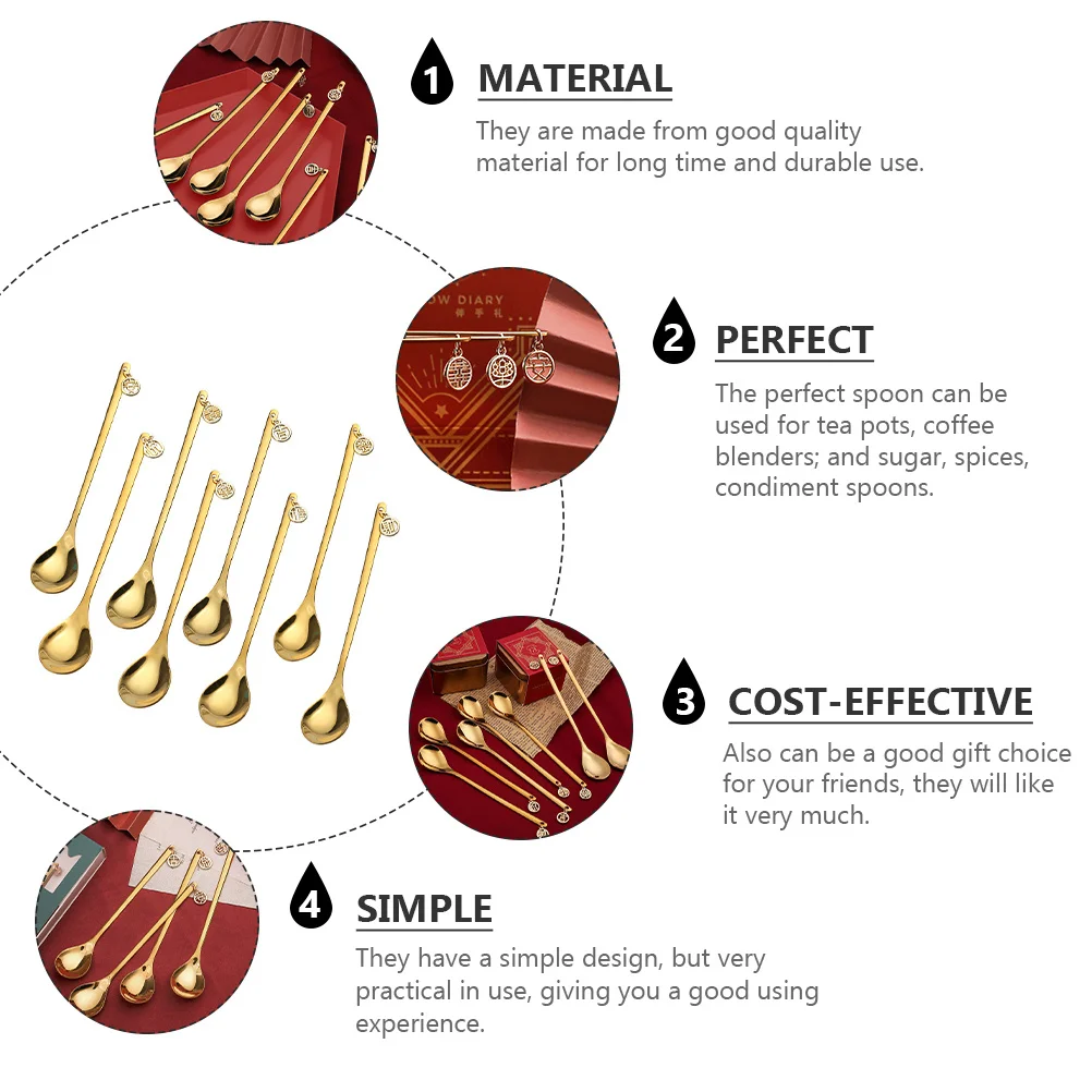 

8Pcs Chinese Style Stainless Steel Dessert Coffee Spoons Ice Cream Scoops Mixing Stirring Spoon Set Gift Dessert Spoons