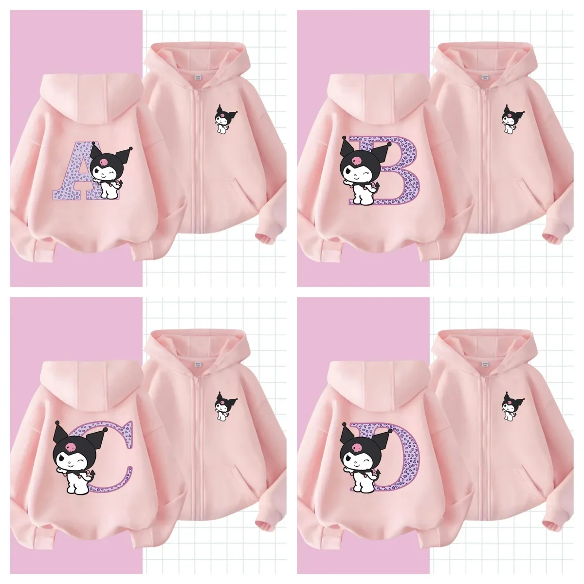 Kuromis niños cremallera Sudadera con capucha letra A B C D dibujos animados chico suéter Anime Kawaii Tops ropa Casual niño niña moda manga larga