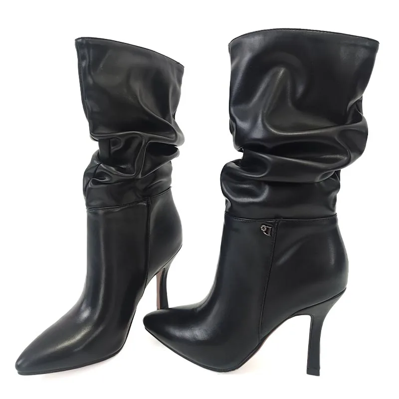 Ronticool 2021 New Fashion Women Winter Shiny Ankle Boots Stiletto High Heels Pointed Toe Black Shoes Women Plus US Size 37