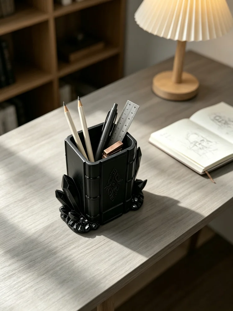 Creative Desktop Pen Holder Made of Petg Material in the Shape of a Magic Ancient Book, Dark Gothic Style Crystal Cluster Base, Retro Embossed 3D Carved Pen Storage Container, Multifunctional Desktop Organizer, Storage Box for Pencils, Pens, Scissors, Rulers, Makeup Brushes, Suitable for Student Study Rooms, Office Desks, Dressing Tables, Personalized Gifts, Halloween Office Student Gifts