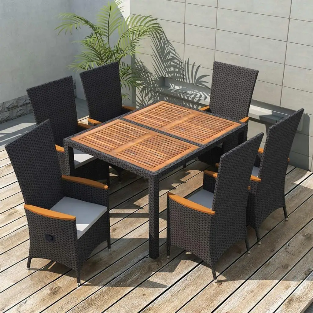 7-Piece Black Patio Dining Set - Stylish Poly Rattan & Acacia Wood for Outdoor Comfort