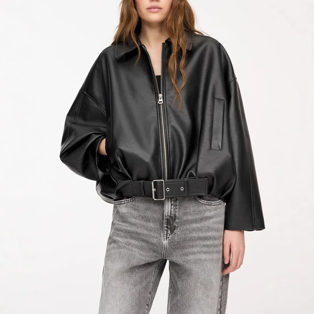 

Women's Oversized Faux Leather Jacket, Belted Zip-Up Moto Coat with Collar, Casual Streetwear Outerwear