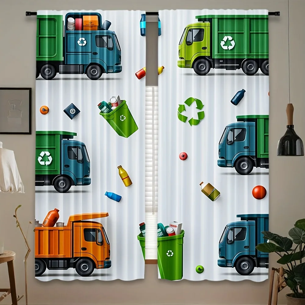 Cartoon Garbage Truck Curtains, Recycling Pattern Drapes, Kids Room Window Treatment Boy Home Decor