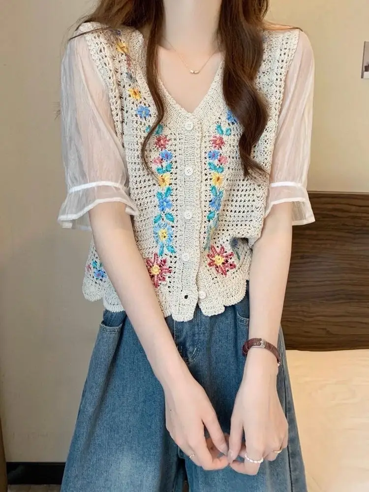 Korean Fashion Crochet Knit Top with Chiffon Sleeve V-neck Women Blouse Cardigan Floral Embroidery Ins Trend Vintage Top