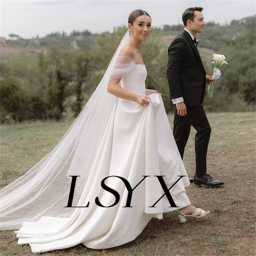 Lsyx Off Shoulder Eenvoudige Plooien Trouwjurk Voor Vrouwen Elegante Rits Rug A Line Court Trein Bruidsjurk Op Maat Gemaakt