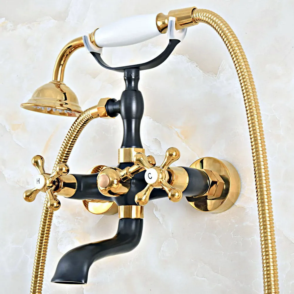 Gold & Black Brass Wall Mount Bathroom Bathtub Faucet Set WITH/ 1500MM Handheld Shower Spray Head Mixer Tap Dna459