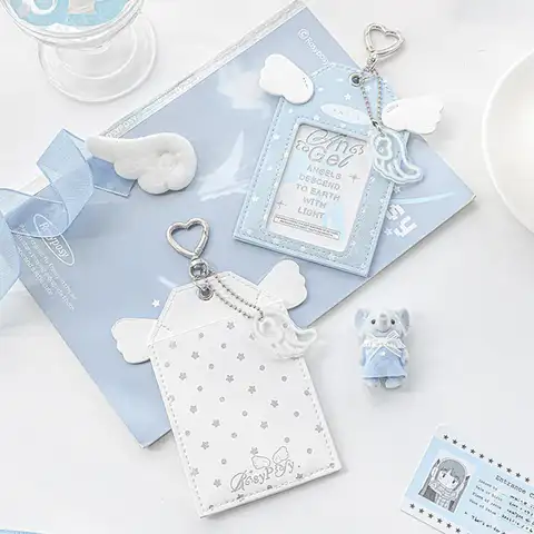 Ins Angel Wing PU Leather Card Holder Set Chain Cute Badge Protector For Photo Cards Idol Photo Card Holder ID Card Protector