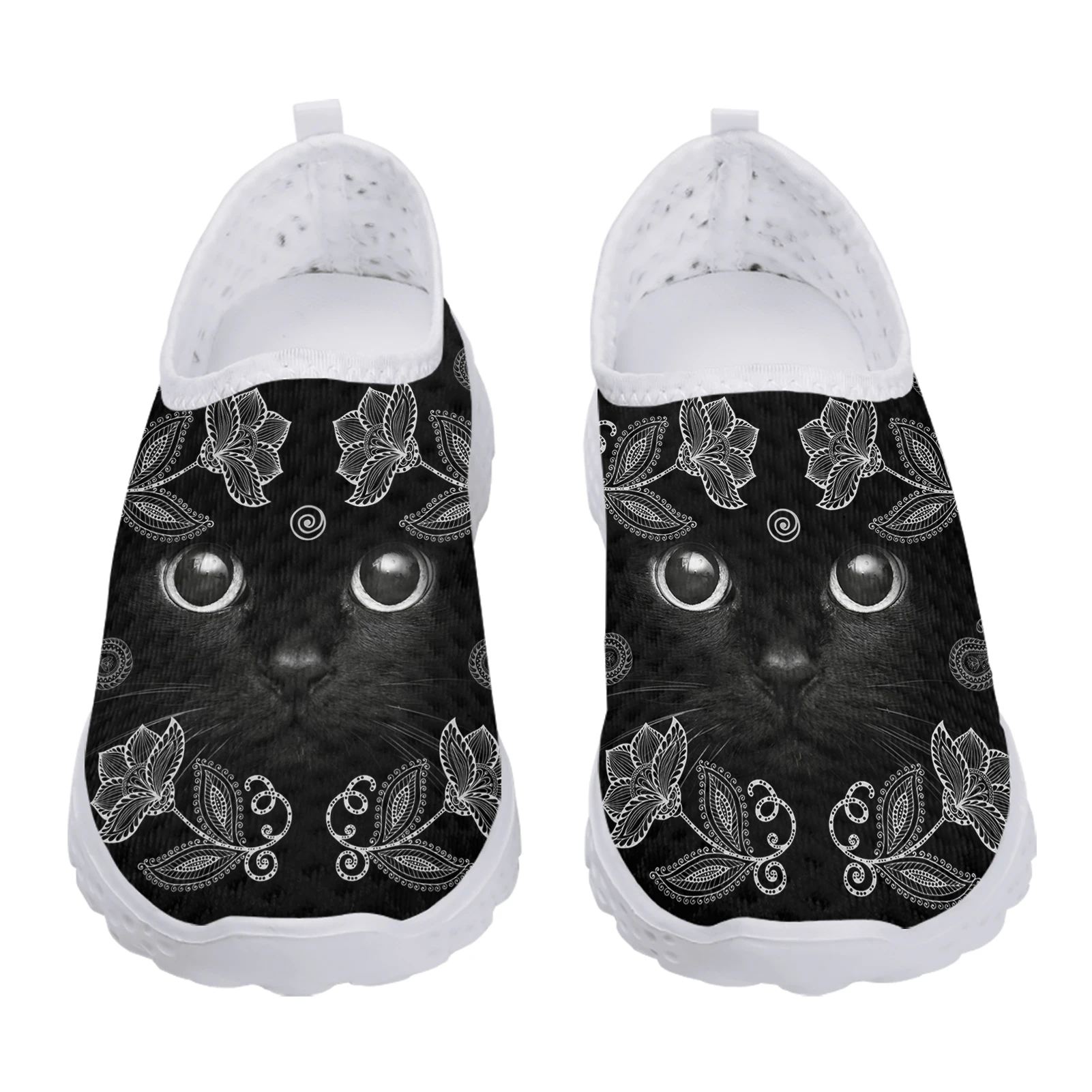 INSTANTARTS Pop Cartoon Black Cat 3D Printing Ladies Loafers Fantasy Floral Print Slip On Footwear Breathable Summer Mesh Shoes