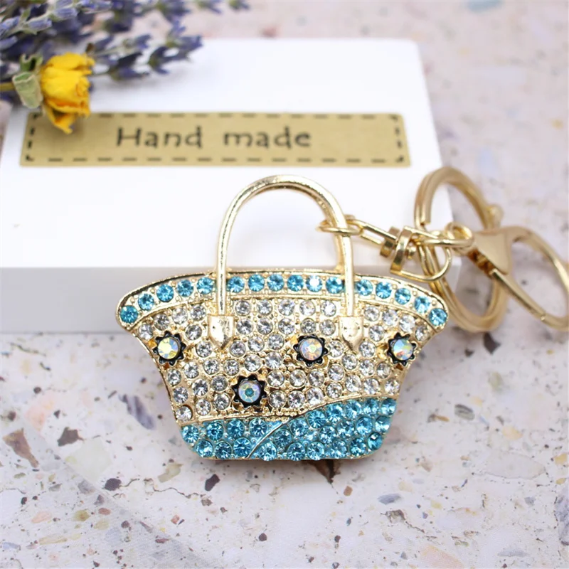 Creative Shine Rhinestone Keychain Cute Blue Lady Handbag Style Car Key Ring Personality Gift Keyholder