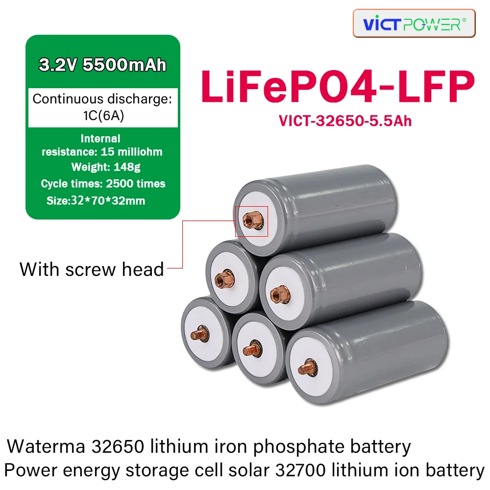 

Victpower for Waterma 32650 Lithium Iron Phosphate Battery 3.2V Outdoor Energy Storage 32700 Screw Head Battery with High Power