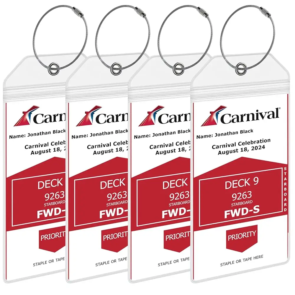 

Free ShippingCarnival Cruise Luggage Tag Holders [4 Pack] – Waterproof, Durable Plastic with Steel Loops – Fits All Carnival Shi