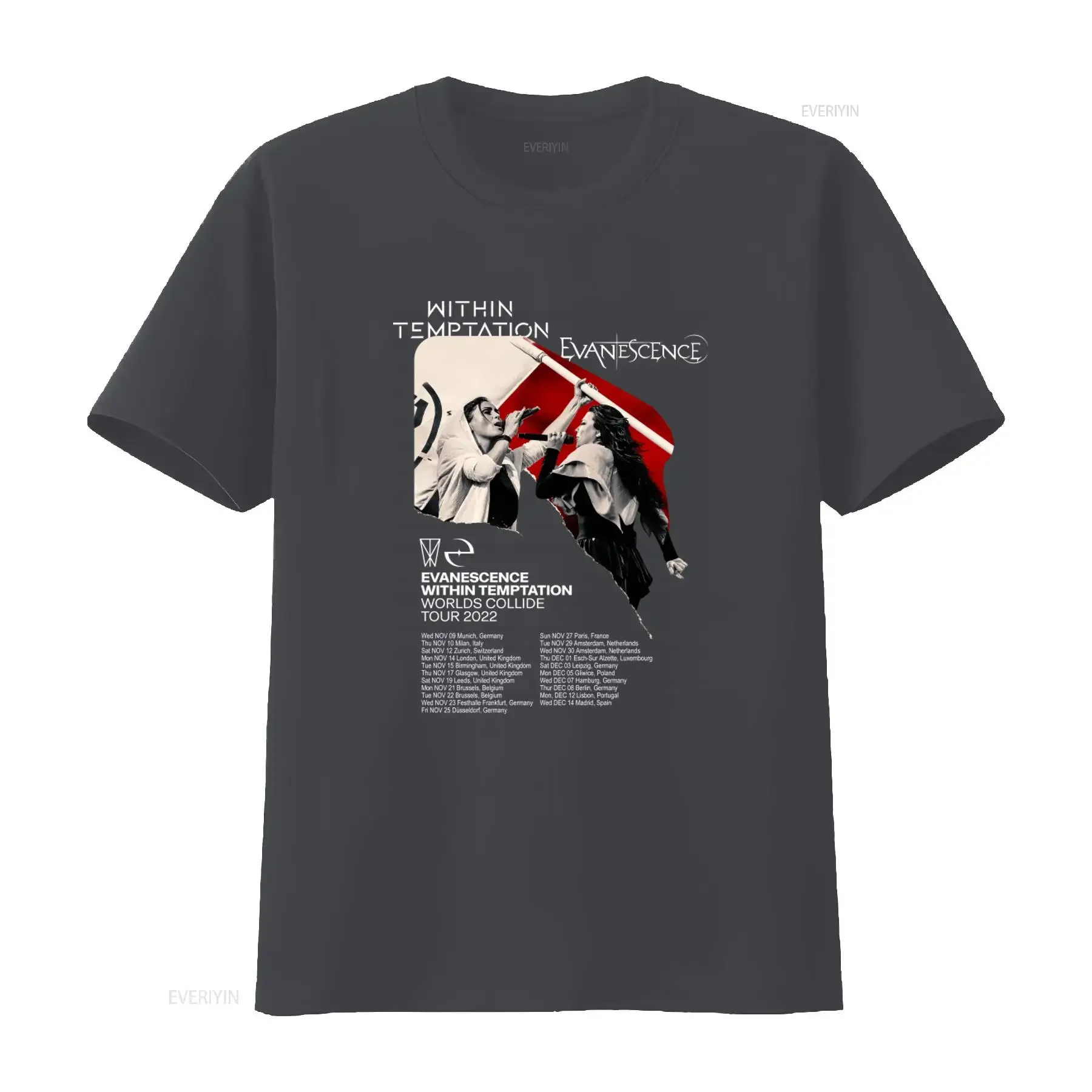 Within Temptation Evanescence T Shirt Tour 2022 UK England Worlds Collide Concert  vintage Washed Breathable Versatile Unisex - view 3
