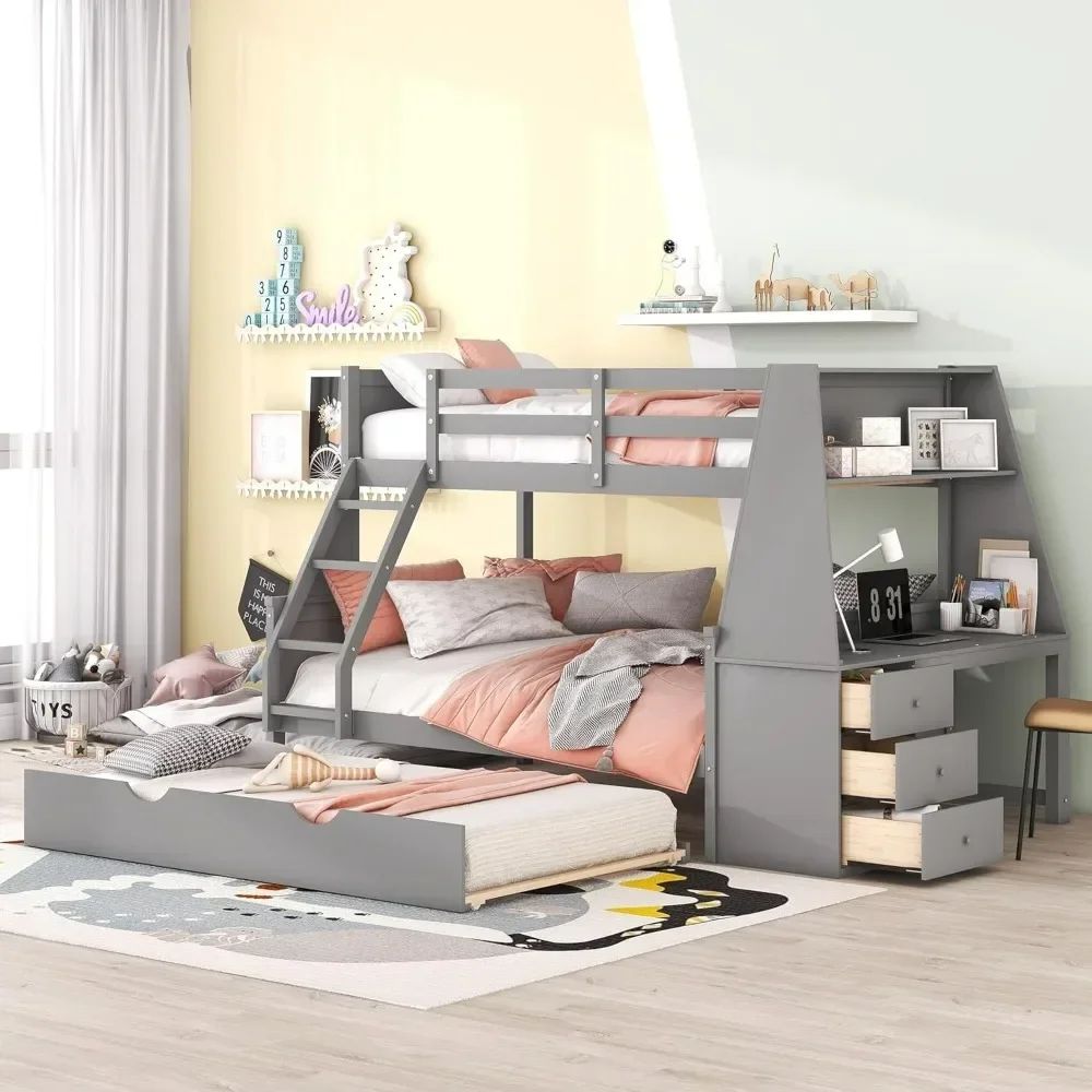 Twin Over Full Bunk Beds with Trundle and Desk Wood Bunk Bed Frame with Three Storage Drawers and One Shelf for Kids Boys Girls