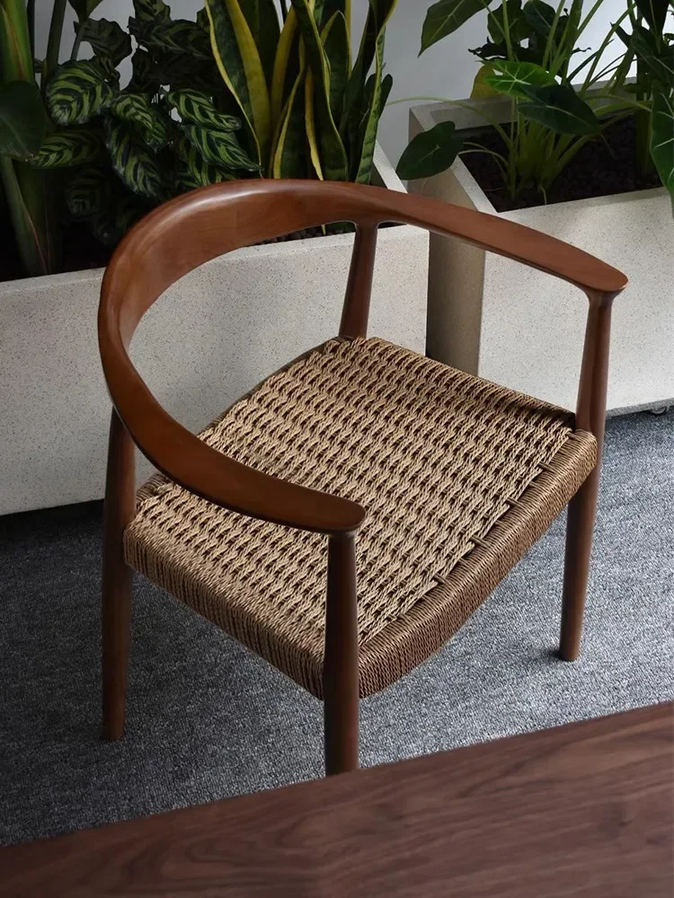 Vintage quiet wind all solid wood dining chair home office rope woven President Kennedy chair Hiroshima tea table master chair.