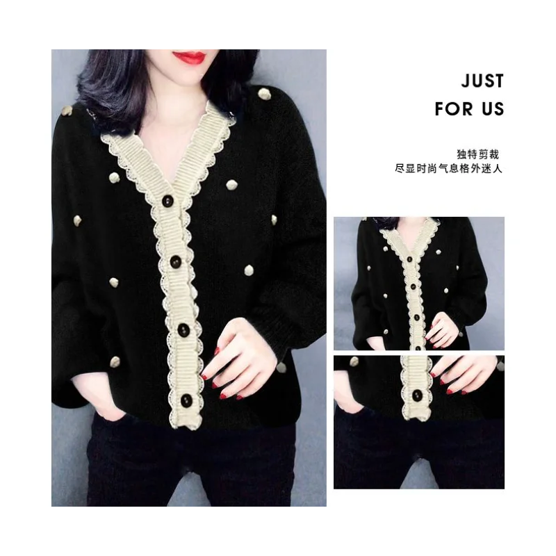 レディース ブラック Vネック シングルブレスト ファッショナブル イヤーアーン ニッチ ニット カーディガン