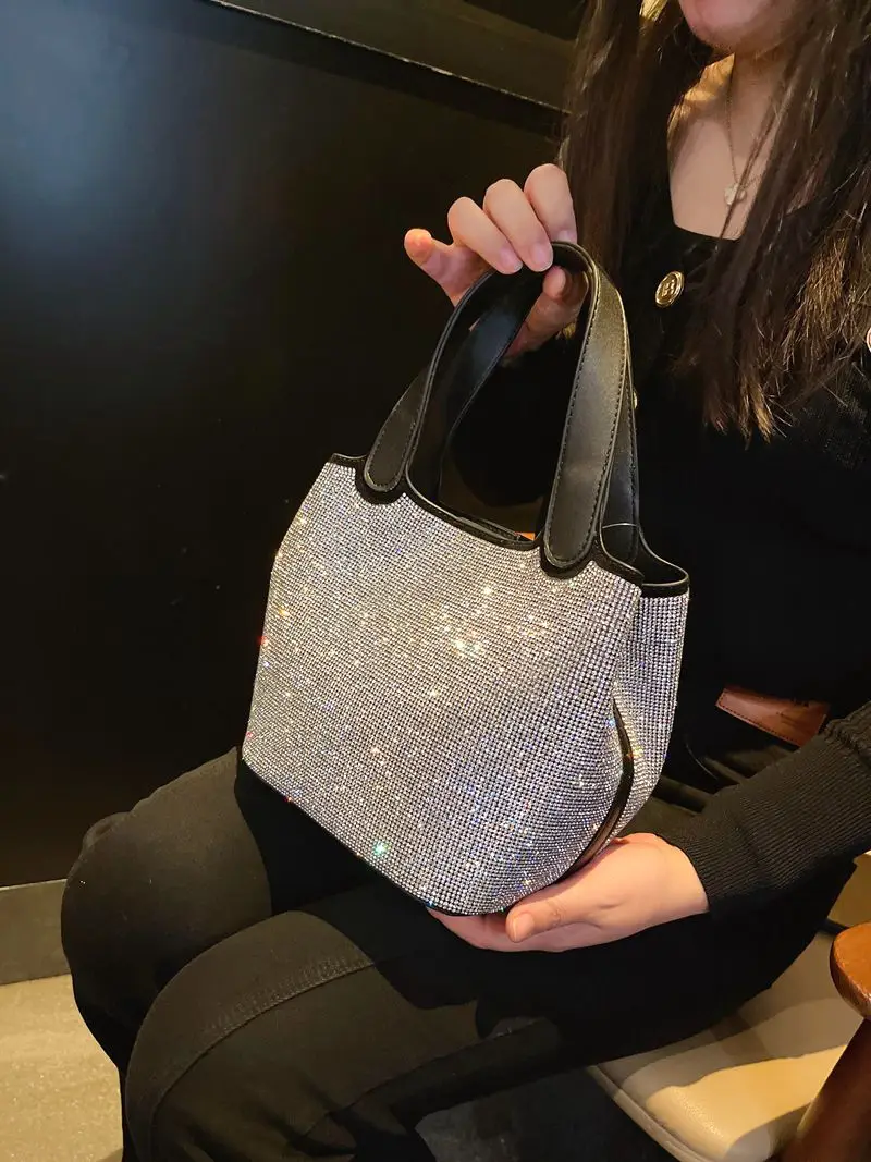 Rhinestone Diamond Bucket Bag Textured Leather Women Handbag Evening Bag Wedding Party Bling Clutch Purse Shoulder Messenger Bag