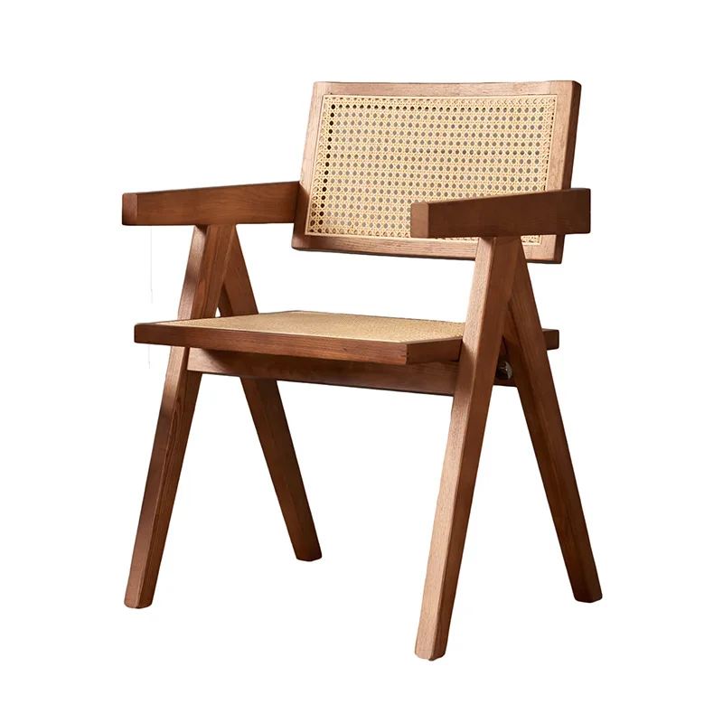 Home Retro Medieval Back Chair Living Room Solid Wood Rattan Dining Chair
