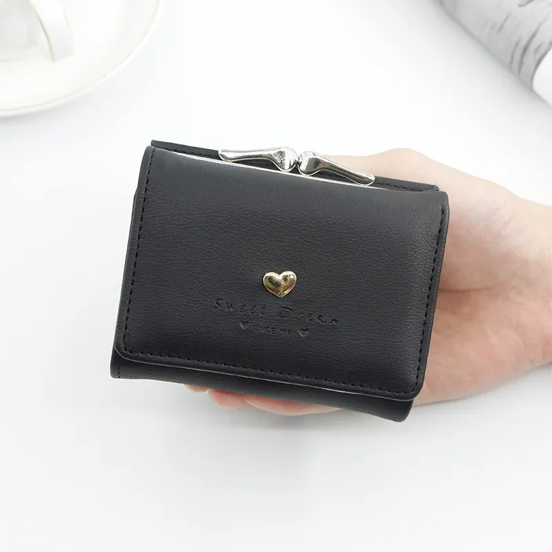 New Candy Color Fashion Women Coin Purse Leather Solid Color Vintage Short Wallet Heart Hasp Ladies Girls Card Holder Clutch Bag