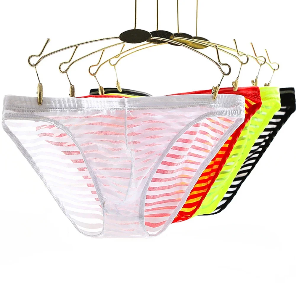 Calzoncillos transparentes a rayas finas para Hombre, ropa interior Sexy, Bikini transpirable, bolsa de cintura baja