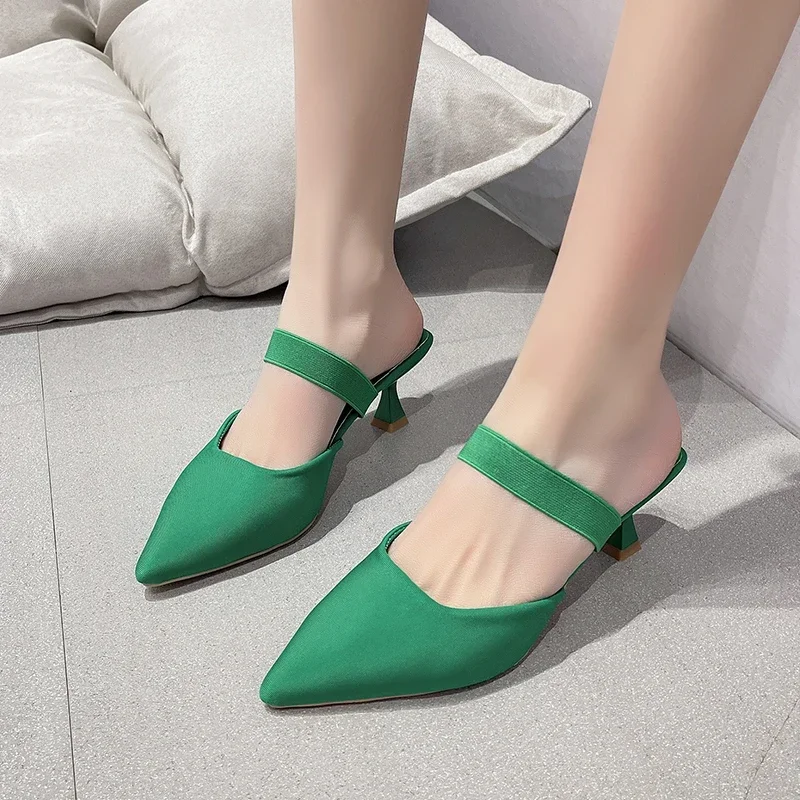 Elegant Women High Heels 2024 Fashion Pointed Toe Ladies Mid Heel Slipper Pumps Women Mules Plus Size Purple Women Shoes