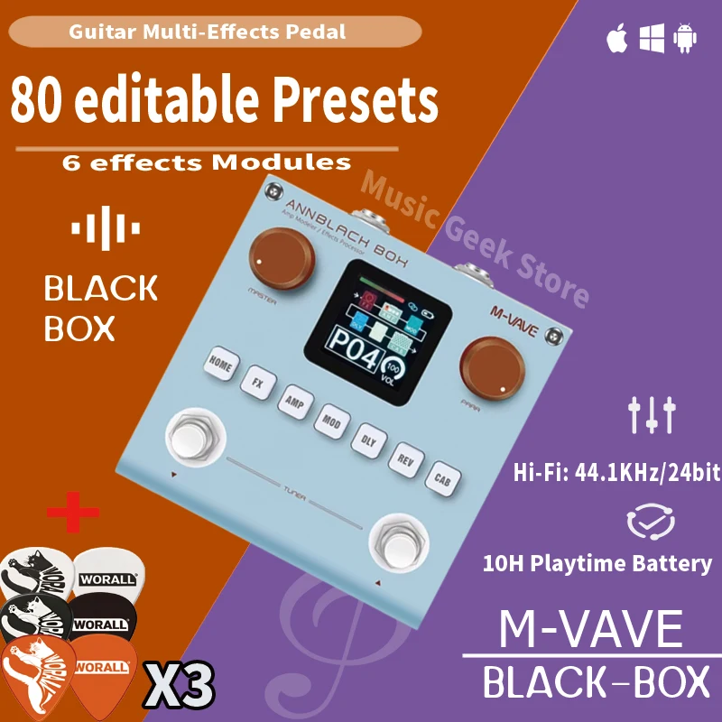 M-VAVE Black Box Pedals Guitar / Bass AMP Modeler Multi-Effects Processor Built-in Rechargeable Battery for Electric Guitar Bass