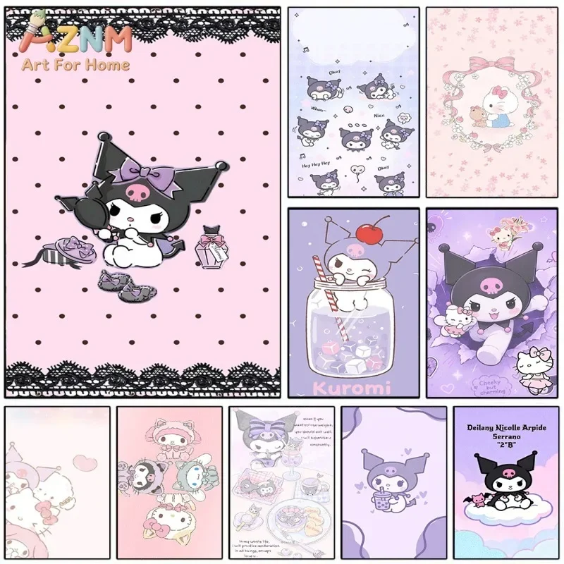 Sanrio Kuromi Pink Polka Dot Lace Canvas Wall Art No Frame Cute Cartoon Devil Character Perfume Shoe Girly Teen Bedroom Wall