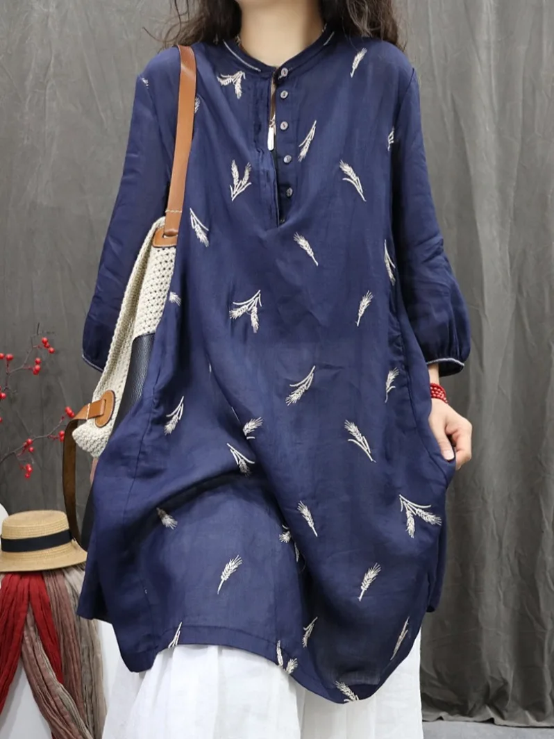 

Ретро художественный хлопковый льняной топ с вышивкой irt Dr, повседневный свободный крой средней длины, большие размеры, утягивающий топ для женщин, весна