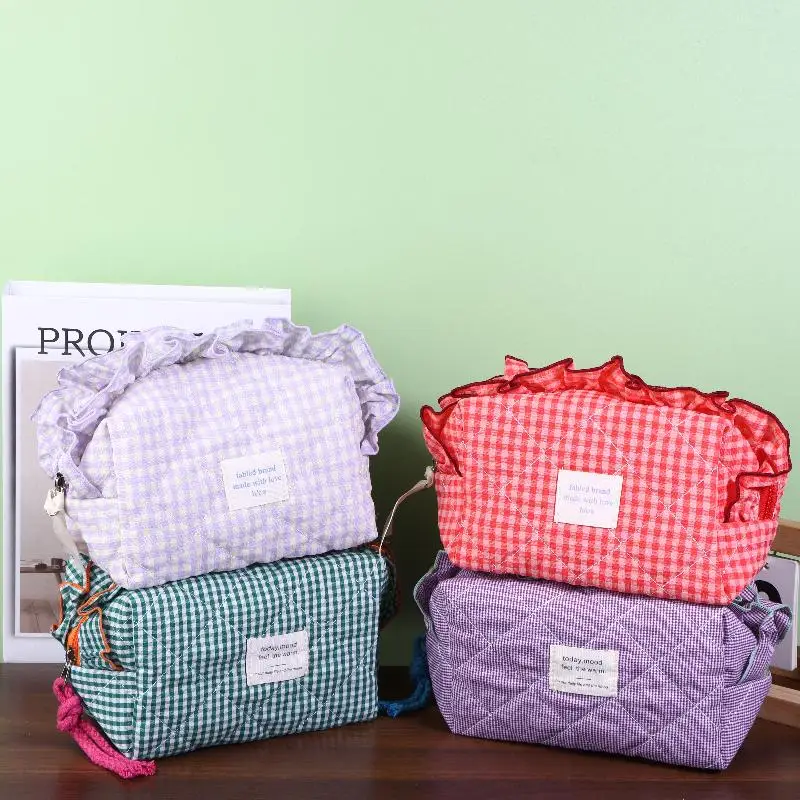 

Ягодный цвет, кружевная косметичка, косметичка с клетчатым узором, большая вместимость, дорожный органайзер для туалетных принадлежностей для карандашей для бровей