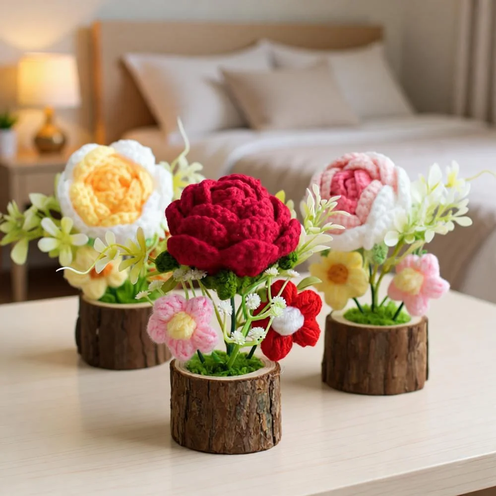 Tulipanes de girasol de ganchillo hechos a mano, rosas, Margarita Puff, ramo en maceta, flores artificiales tejidas, decoración del hogar, regalo, adorno de recuerdo