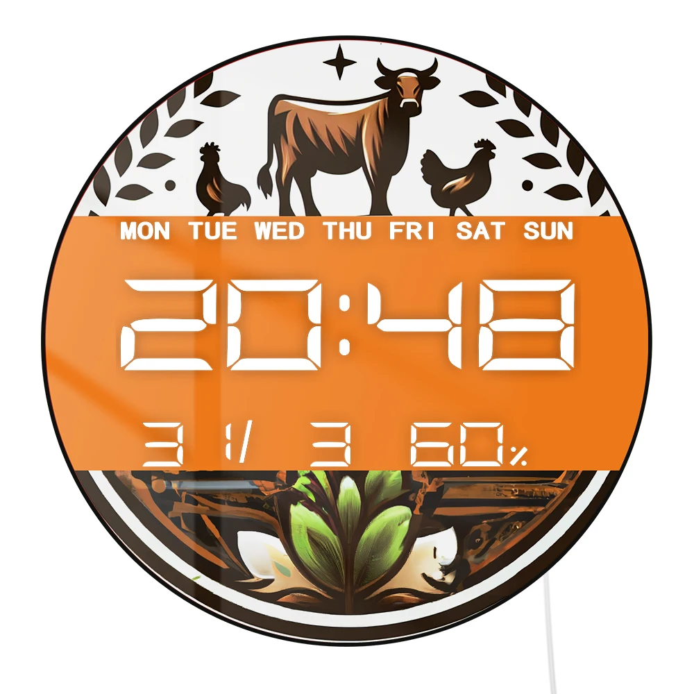 Cattle and Chicken Auto Dimming LED Digital Wall Clock for Farm House Rustic Home Decor 12/24hour Jumbo Numbers Electronic Clock