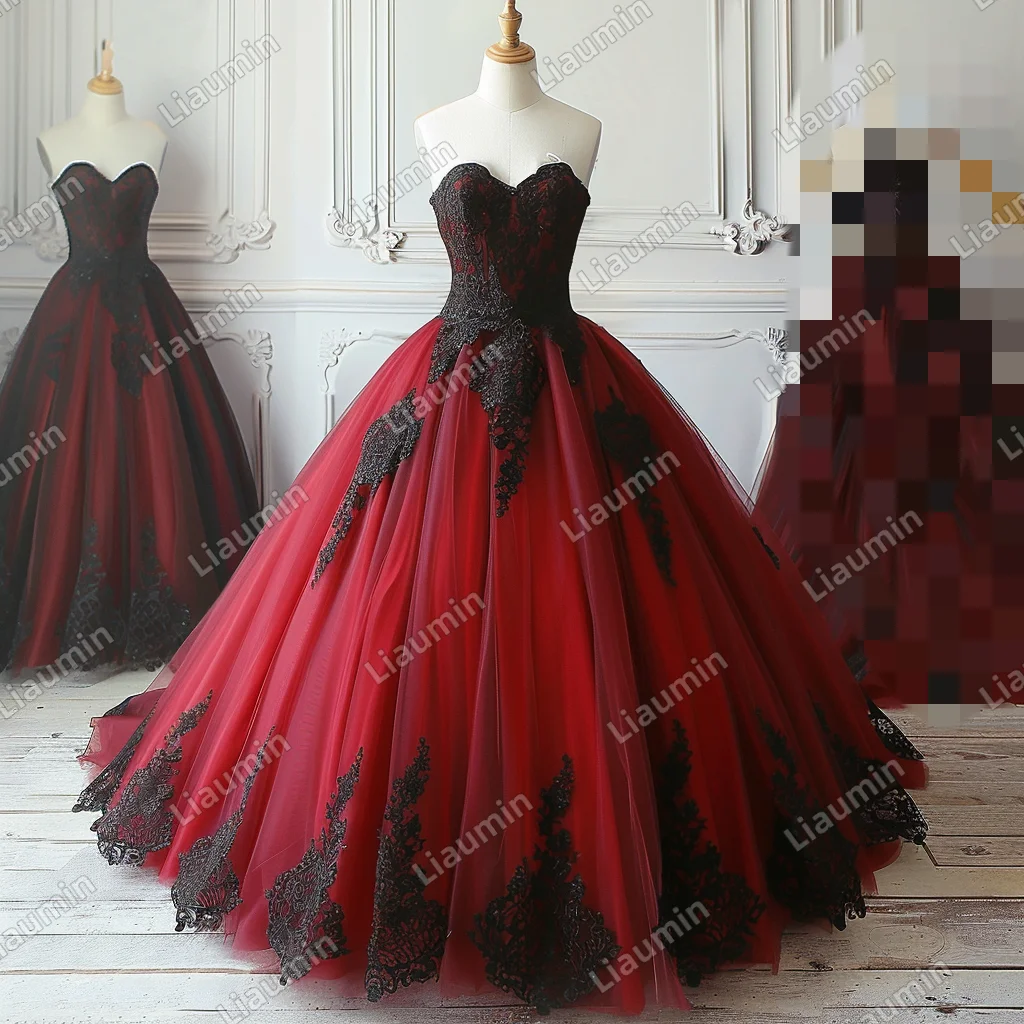 Exquisite Red Tulle Black Lace Strapless Full Length Evening Prom Lace Up Dress Princess Formal Party Custom Made New J4-8.2