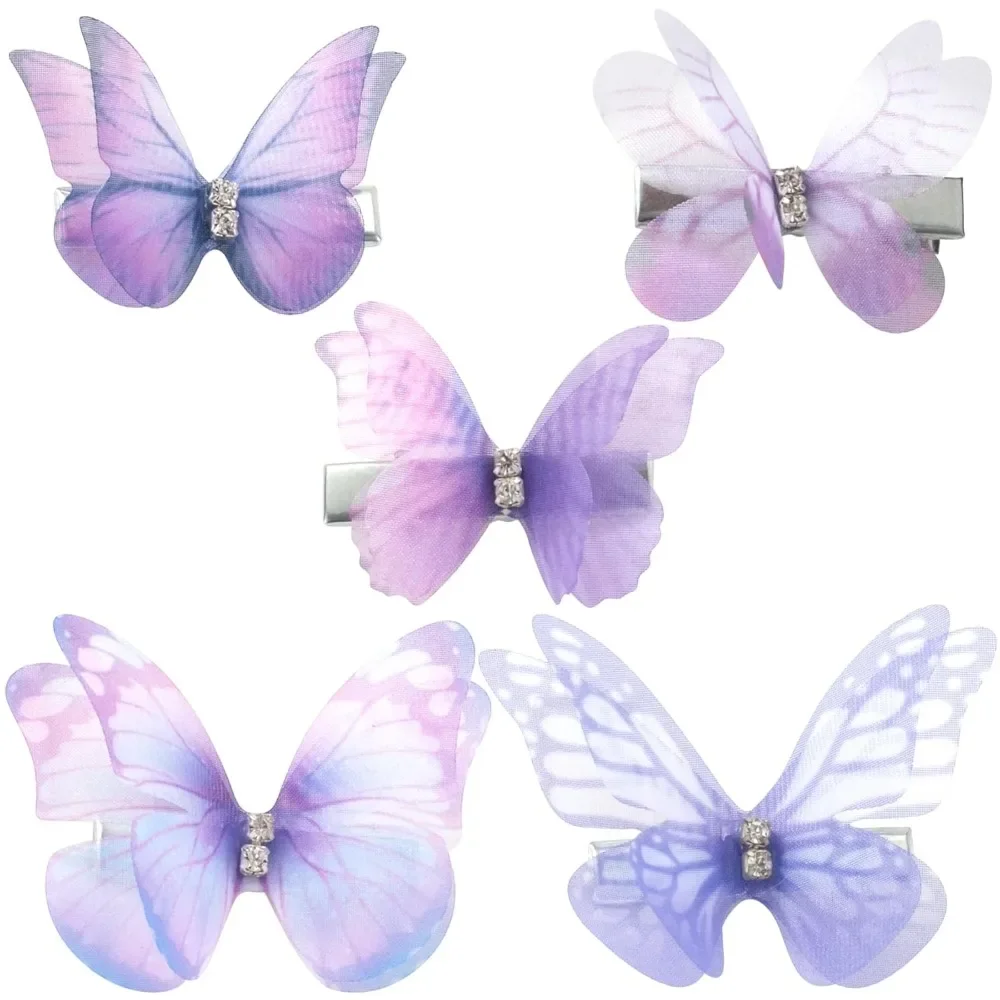 

5 шт., заколки для волос-бабочки, нескользящие заколки из органзы, фиолетовые заколки для волос со стразами и градиентом, аксессуары для женщин, толстые