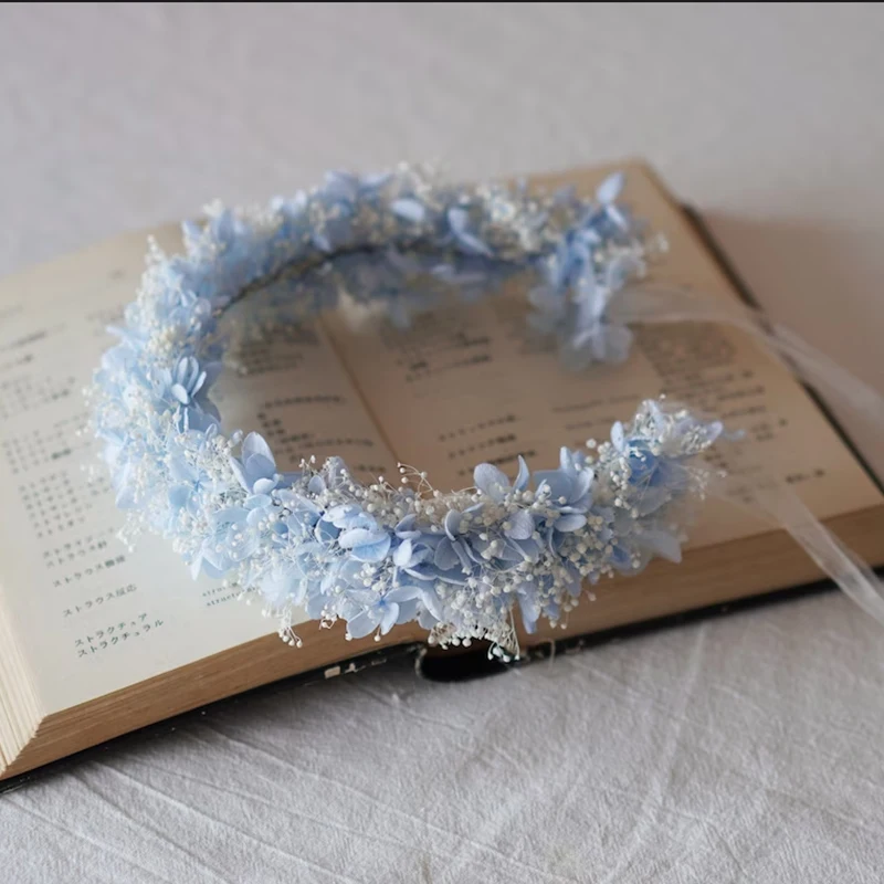 Handmade Preserved Blue Gypsophila Hydrangea Bridal Boho Crown Wedding Flower Girl  Crown Children\'s Birthday Decorations